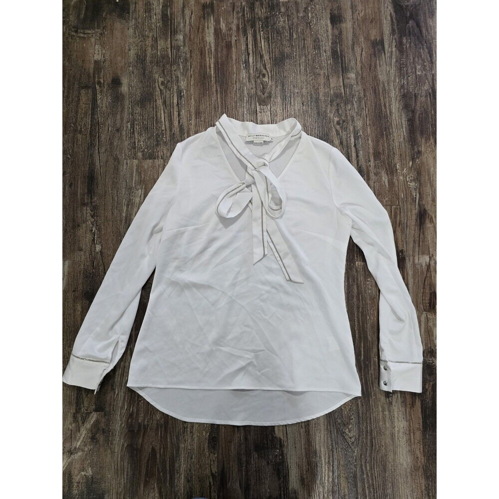 Molly Bracken White Tie-Neck Long Sleeve Blouse Women's Small Elegant Button-Up